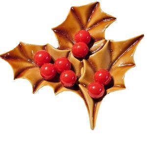 Vintage Style Holly Leaf Brooch Pin 1.88" Red Berries Christmas Holiday Gift Box